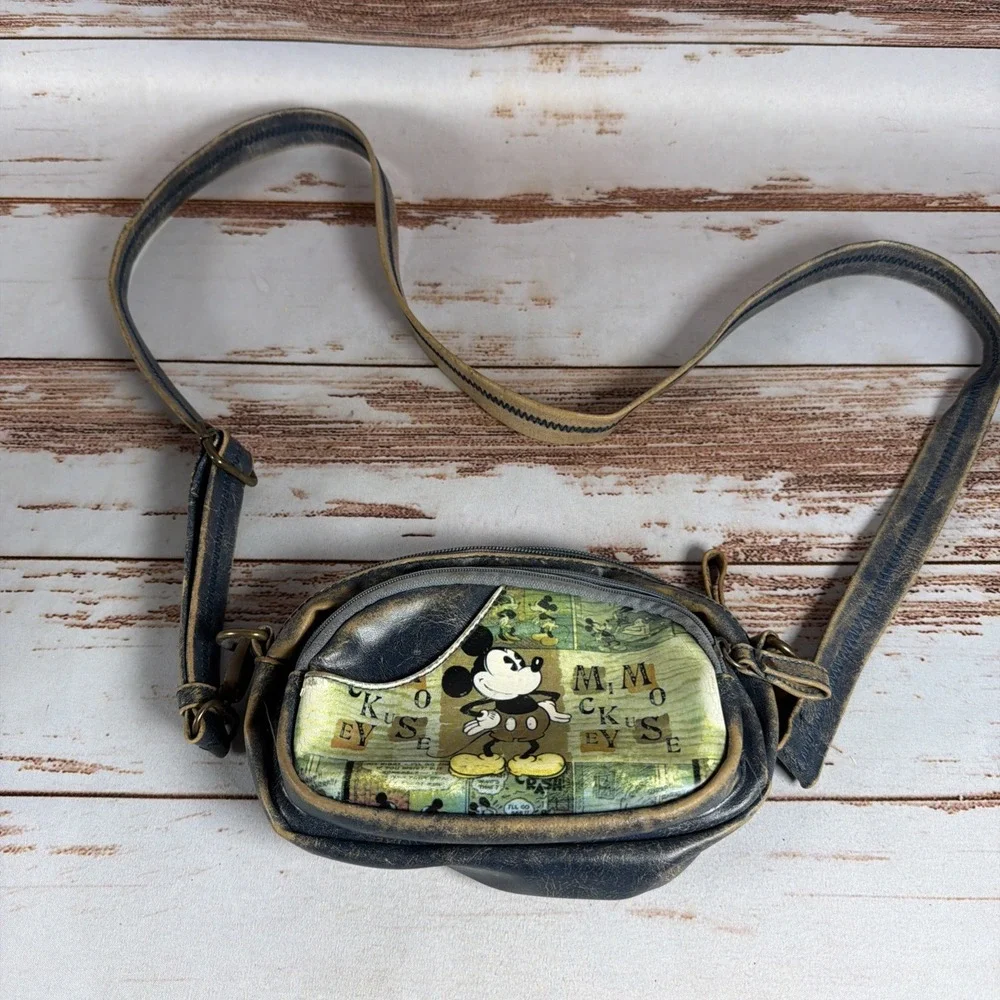 Disney Mickey Mouse Crossbody Bag Purse Distressed Faux Leather Denim Look Blue